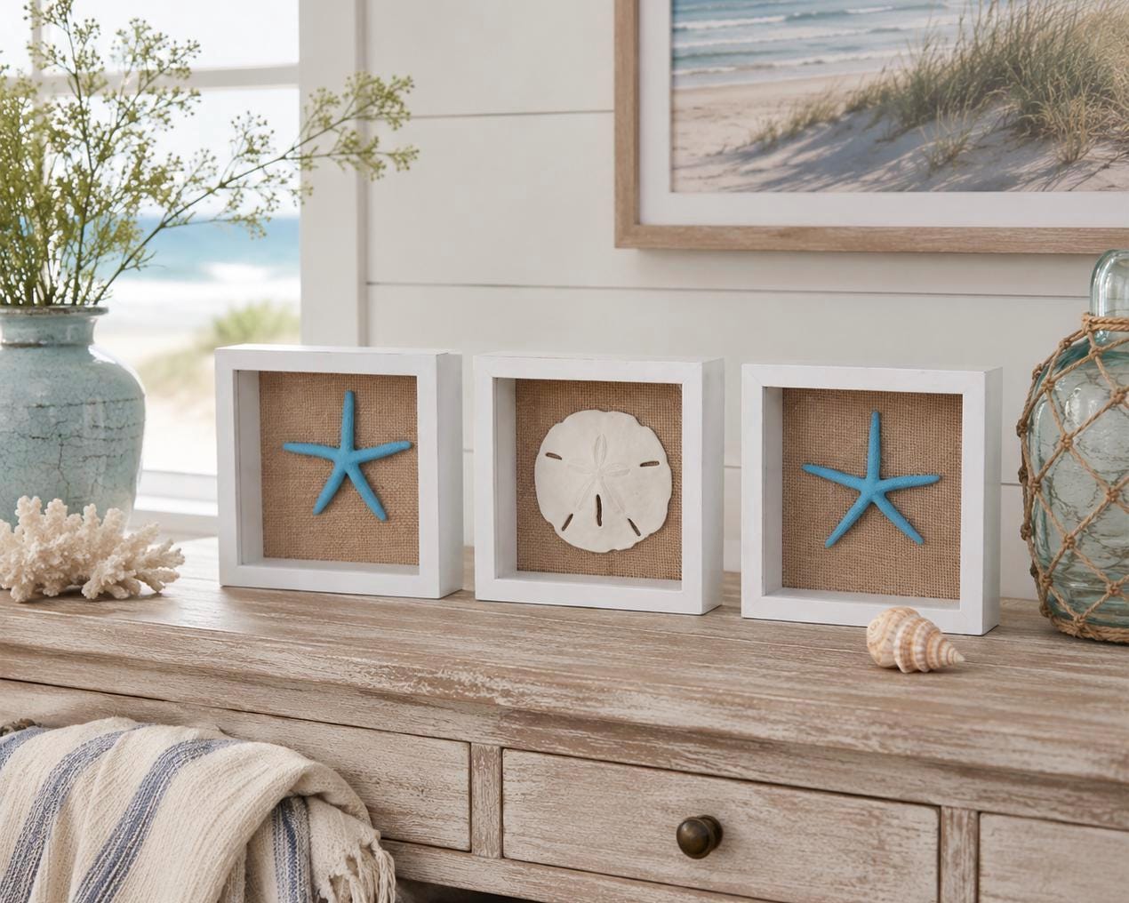 Coastal Shadow Box Framed | Set Starfish & Sand Dollar Wall Art | Beach ...