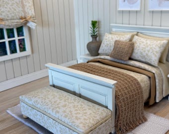 Handmade Miniature Dollhouse Bedding Set, 1:12 Scale, Ottoman & Window Dressing