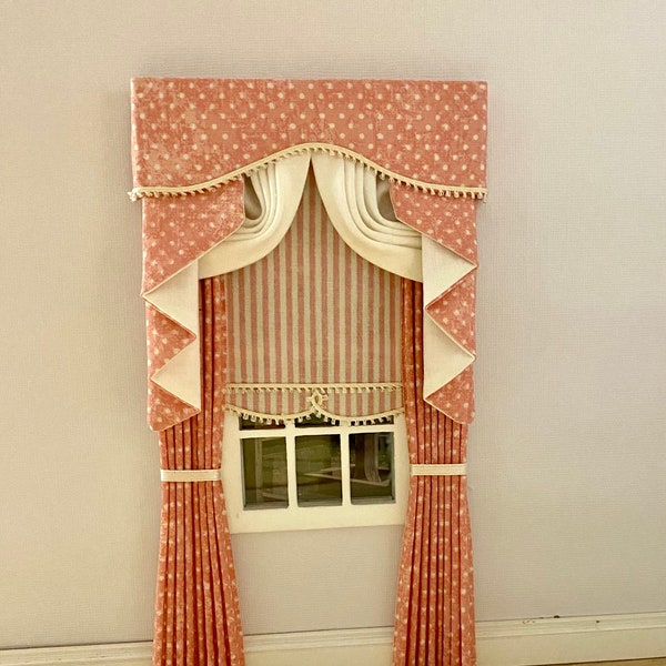 Handmade Miniature doll house soft furnishings - 12th scale swag and tail  curtains drapes window dressing pink and cream