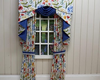 Handmade Miniature doll house soft furnishings - 12th scale swag and tail curtains drapes window dressing poppy print