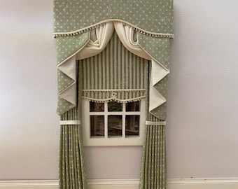 Handmade Miniature doll house soft furnishings - 12th scale swag and tail  curtains drapes window dressing sage and cream
