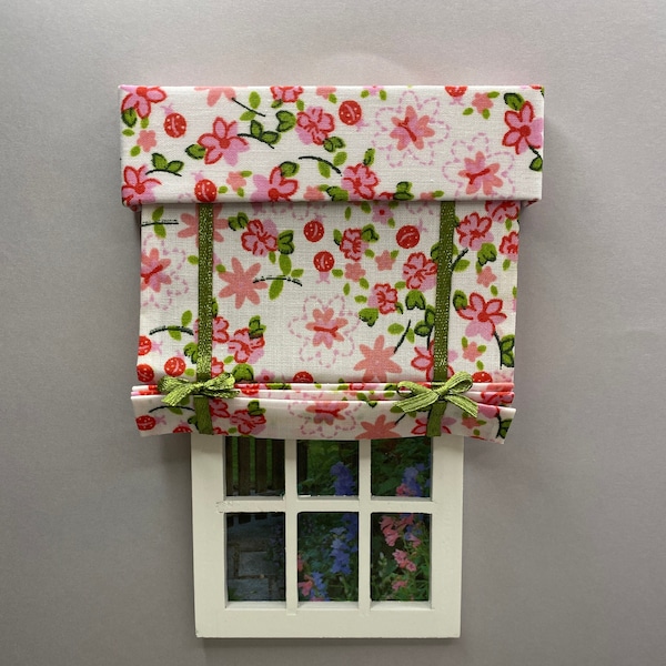 Handmade Miniature doll house soft furnishings - 12th scale window blind with upholstered box pelmet valance pink floral