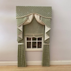 Handmade Miniature doll house soft furnishings - 12th scale swag and tail  curtains drapes window dressing sage and cream
