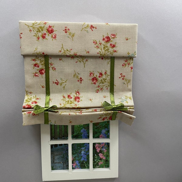 Handmade Miniature doll house soft furnishings - 12th scale window blind with upholstered box pelmet valance petite fleur