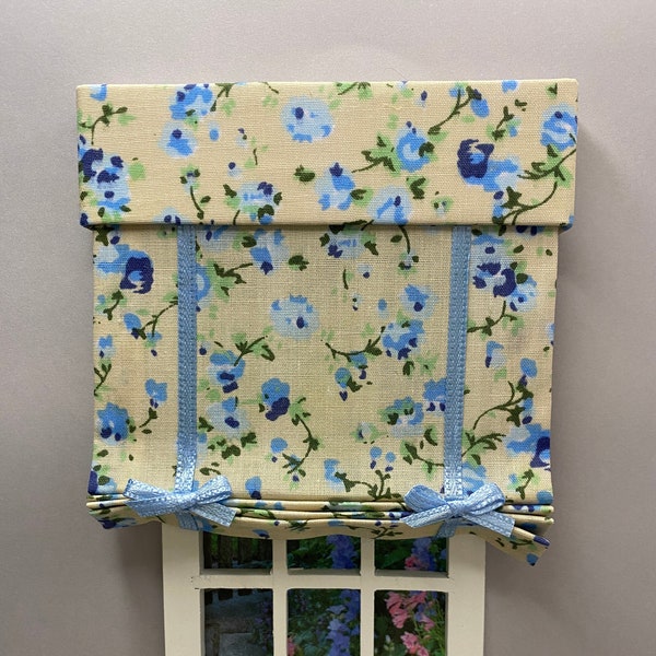 Handmade Miniature doll house soft furnishings - 12th scale window blind with upholstered box pelmet valance blue cream floral