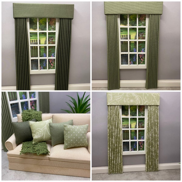 Handmade Miniature doll house soft furnishings - 12th scale drapes curtains with a box pelmet valance for window  - Greens