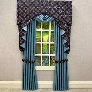 Handmade Miniature doll house soft furnishings - 12th scale swag and tail curtains drapes window dressing