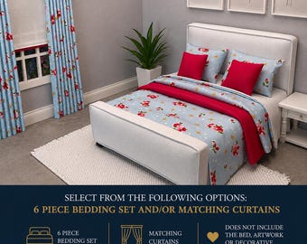 Handgemachtes 6 teiliges Puppenhaus Puppenhaus Bettwäsche Set, handgefertigt mit blauen Blumen - ideal für ein Doppelbett