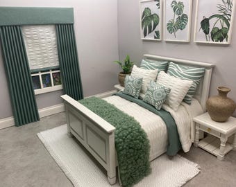 Handmade miniature 1:12 scale dolls house 9 piece   bedding set  linen for a double bed sage and white