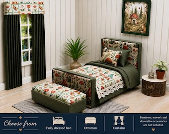 Miniature 1:12 Scale Woodland Bedroom Collection | Fully Dressed Bed, Ottoman & Curtains | Choose Your Piece