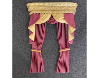 Handmade Miniature doll house soft furnishings - 1:12 scale  swag and tail  curtains drapes Burgundy and light gold