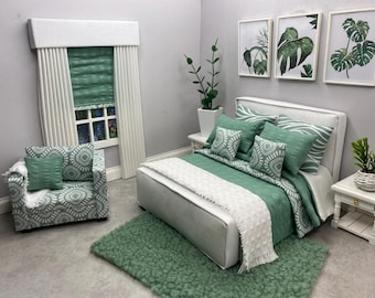 Handmade miniature 1:12 scale Fully dressed white doll house bed with 9 piece  bedding set double  sage and white.