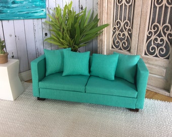 Miniature doll house  1:12 scale Modern  teal sofa couch with throw cushions