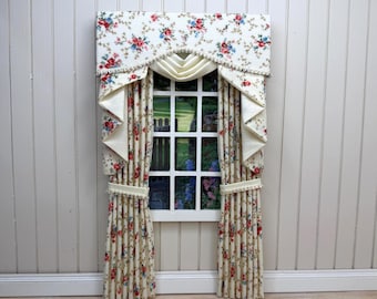 Miniature dollhouse  1:12 scale swag and tail curtains drapes window dressing cream floral