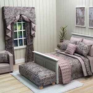 Handmade miniature doll house 1:12 scale 8 piece bedding set for a double bed mushroom and dusky pink