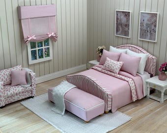 Handmade Miniature 1:12 scale Upholstered Double Bed with bed linen -  pink and white