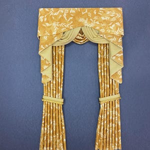 Handmade Miniature doll house soft furnishings - 12th scale swag and tail curtains drapes window dressing Old Gold vine print