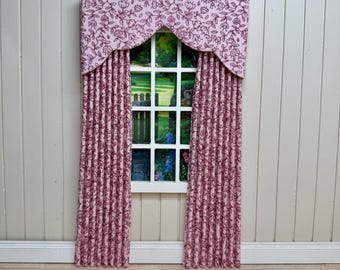 Handmade Miniature Dollhouse Curtains – Pink Plum Floral, 1:12 Scale