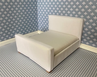 Hand made miniature dollhouse 1:12 scale  modern double upholstered bed  white