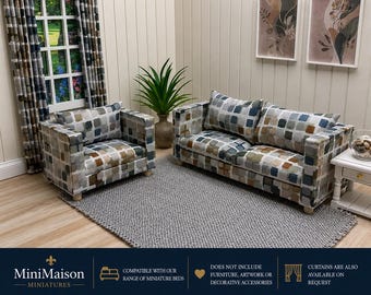 MiniatureDoll House 12th scale Modern Living Room - Options available: Sofa, Armchair & Curtains -Geometric Squares