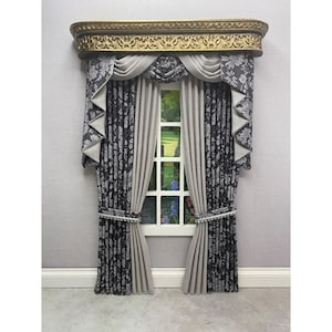 Handmade Miniature doll house soft furnishings - 1:12 scale swag and tail  curtains drapes with gold ornate pelmet