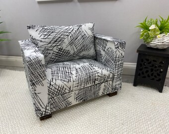Miniature doll house 12th scale 1 :12 Modern wooden framed scribble sofa  and armchair with cushions.