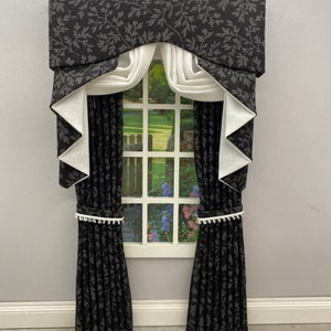 Handmade Miniature doll house soft furnishings - 12th scale swag and tail curtains drapes window dressing black and grey mini vine