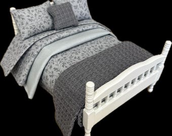 Miniature 1:12 Scale Dolls House -  White Double Bed with Grey Linen
