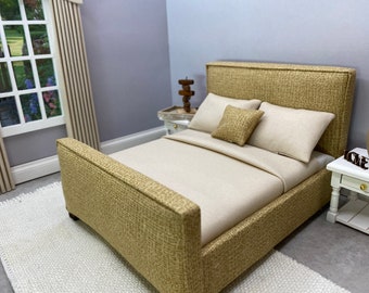 Miniature dolls house 1:12 scale  fully dressed modern double upholstered bed light gold