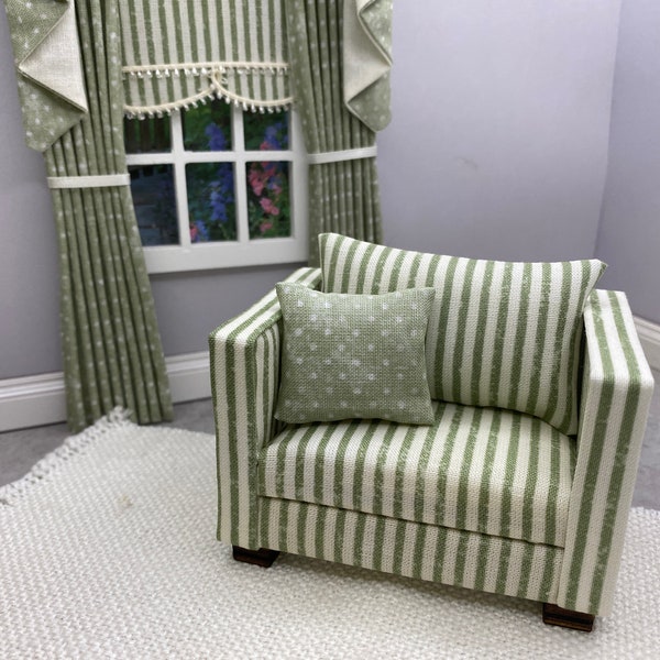 Handmade Miniature doll house furniture 12th scale Modern wooden framed  sage striped  armchair