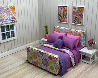 Miniature dolls house 1:12 scale  fully dressed upholstered double bed  - fireworks