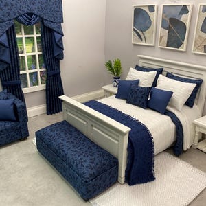 Handmade Miniature 1:12 scale doll house 10 piece bed linen set and accessories drapes, chair, ottoman Navy blue