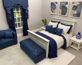 Handmade Miniature 1:12 scale doll house 10 piece bed linen set and accessories drapes, chair, ottoman Navy blue