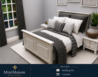 Handmade miniature 1:12 scale dolls house 10 piece grey & white bedding - ideal for a double bed