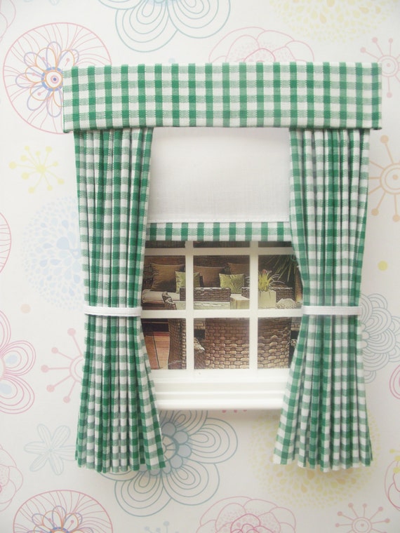 Miniature Doll House Green Gingham Curtains Drapes With Pelmet Etsy