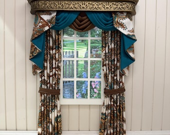 Handmade Miniature doll house soft furnishings - 1:12 scale swag and tail  curtains drapes with bronze ornate pelmet