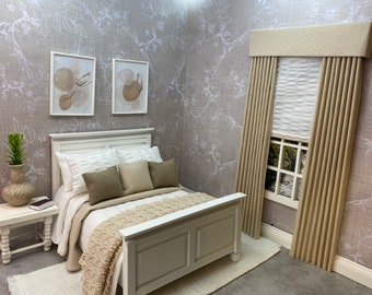 Set di biancheria da letto in cotone da 10 pezzi fatto a mano in miniatura in scala 1:12 per casa delle bambole, per letto matrimoniale, colori neutri