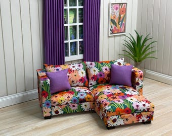 Miniatur Puppenhaus 1:12 Sofa mit Chaise - Blumen
