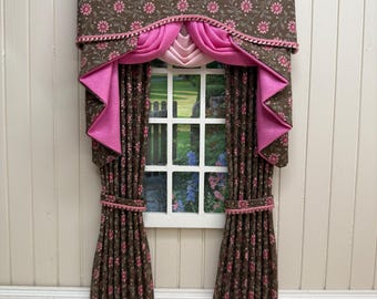 Handmade Miniature Curtains – 1:12 Scale pink floral  Dollhouse Window Dressing