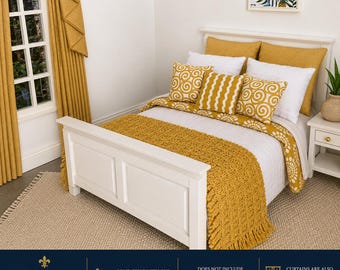 Handmade miniature 1:12 scale dolls house 10 piece bedding set linen for a double bed in white with mustard accents