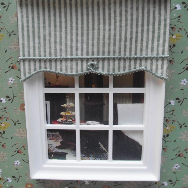 Miniature doll house 12th scale striped roller blind edged with sage green trim 11cm or 7cm  wide