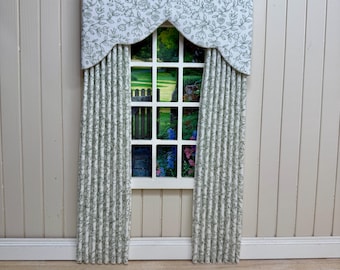 Handmade Miniature Dollhouse Curtains – Sage Green Floral, 1:12 Scale