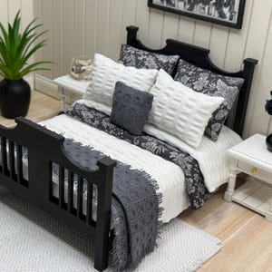 Miniature Dolls House 1:12 Scale  Fully Dressed Double Bed - Black and White