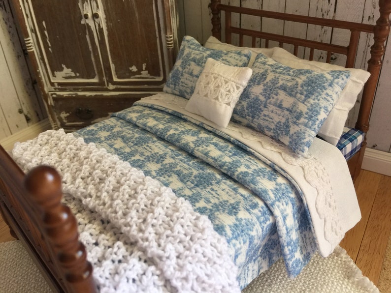 Blue Toile Dollhouse Single Size Curtains 3 /" W