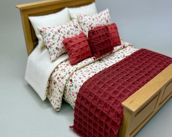 Miniature doll house 12th scale 9 piece  floral cotton bed linen set for a double sized bed