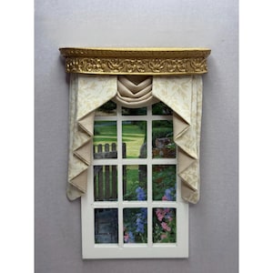 Handmade Miniature doll house soft furnishings - 12th scale window dressing with ornate moulded box pelmet - Neutral fabrics