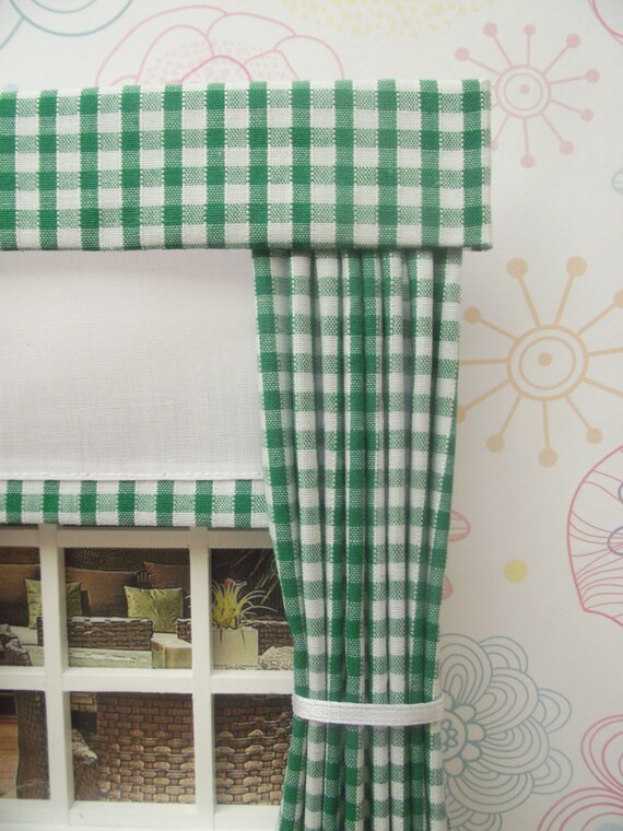 Miniature Doll House Green Gingham Curtains Drapes With Pelmet Etsy