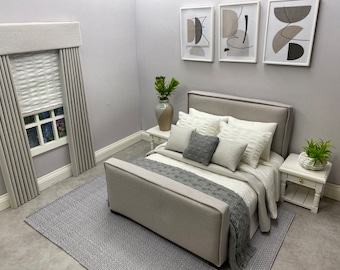 Hand made miniature dolls house 12th scale furniture fully dressed modern double upholstered bed grey and white