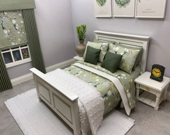Handmade 1:12 scale dolls house soft furnishings modern 10 piece  cotton bedding set for a double bed  sage green print