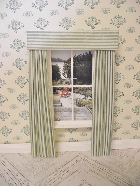 Miniature Doll House Sage Green And Cream Striped Curtains Etsy